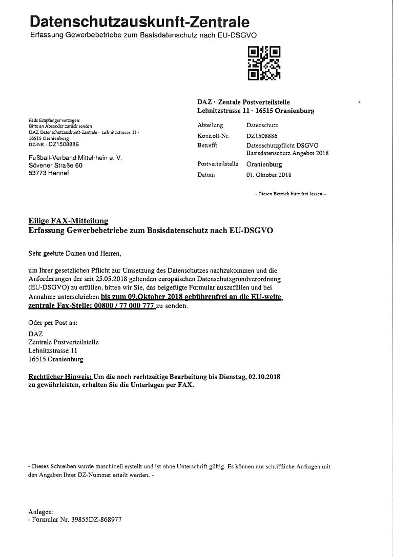 Wichtiger Hinweis für Vereine: Betrugsverdacht: Fax von der Datenschutzauskunft-Zentrale